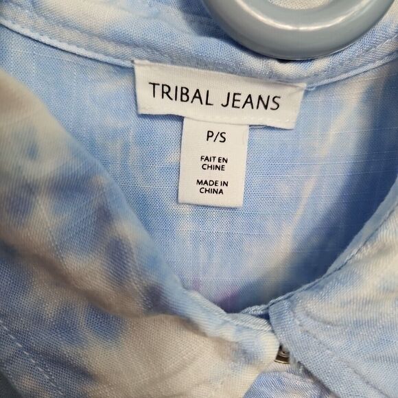 Tribal Jeans Women's P/S Long Sleeve Button Down Shirt tie dye blue pink blouse - Picture 2 of 11